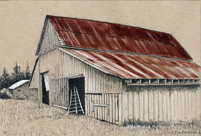 Comox Valley Barn  6x9"  (ink on toned paper) Sold